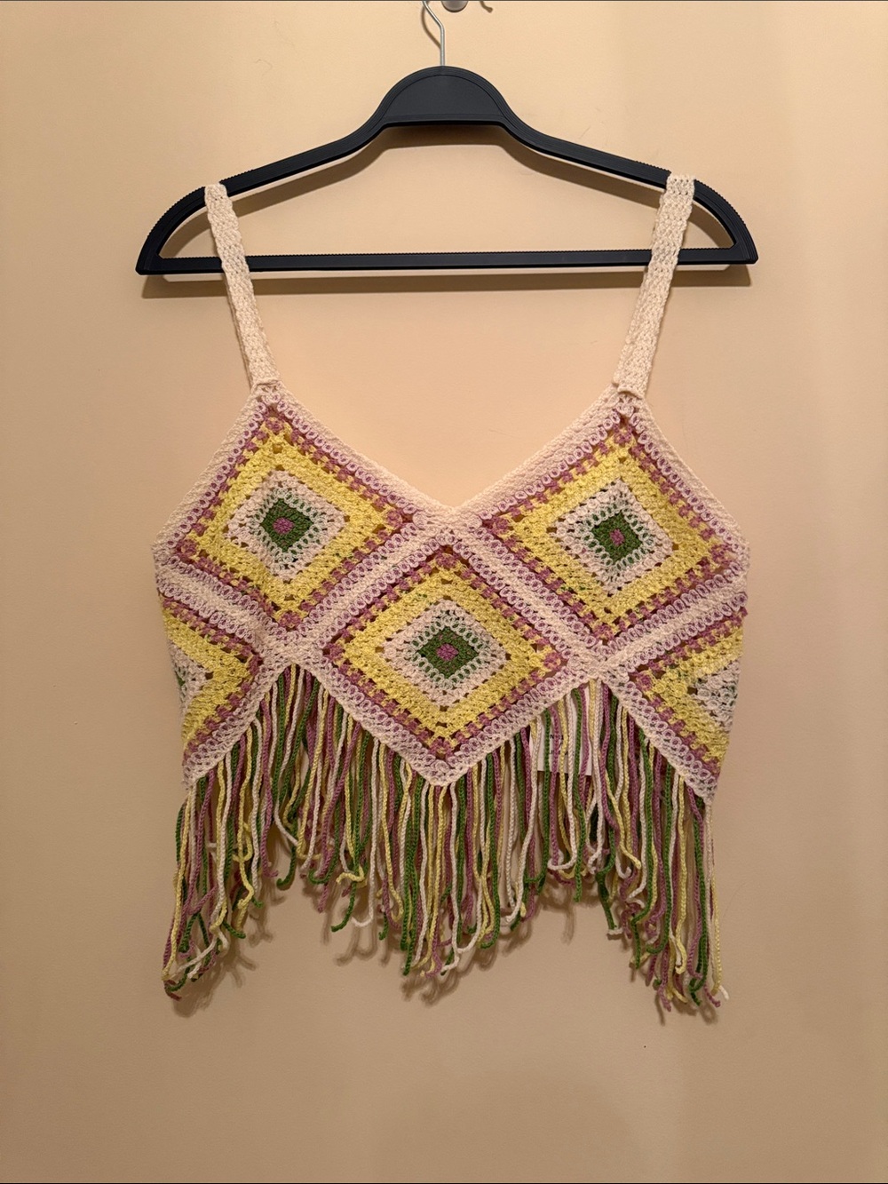 Very J Crochet Fringe Camisole in Cream‎ with Yellow, Pink & Green Sz S/M
